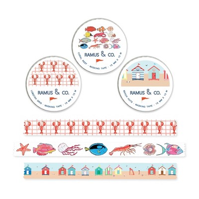 Illustrated Masking Tape by Ramus & Co - 3ct Rolls, Assorted Rolls (Lobstah Grid + Coral Reef + Beach Huts)