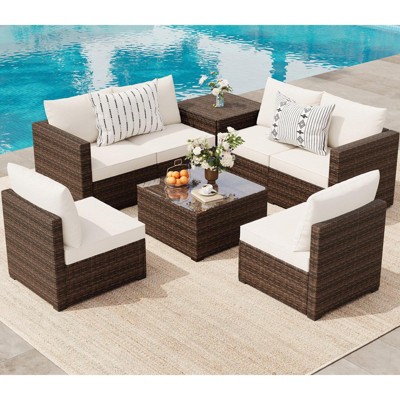 8-Piece PE Rattan Outdoor Sectional Set with Cushions, Storage Table & Coffee Table – Brown Wicker Patio Set for Balcony or Backyard
