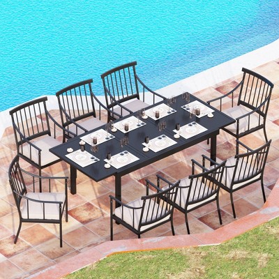 Captiva Designs 9pc Patio Geometric Pattern Expandable Steel Rectangle Table & Stylish Cushioned Arm Chairs
