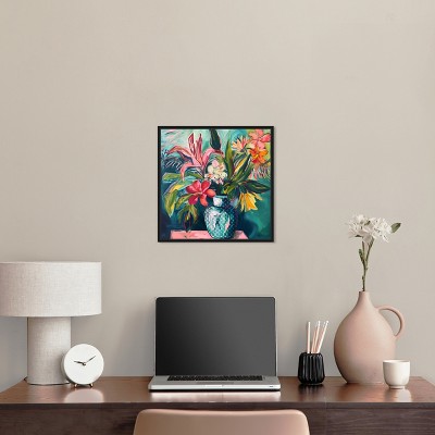 Black Framed Tropical Flowers Canvas Painting, 17" x 17"
