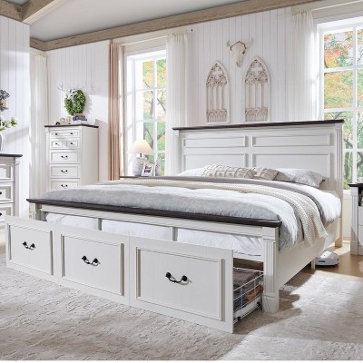 SinCiDo Farmhouse King Size Bed Frame w/51" Tall Headboard, Roman Column Footboard & 3 Spacious Storage Drawers, No Box Spring Needed