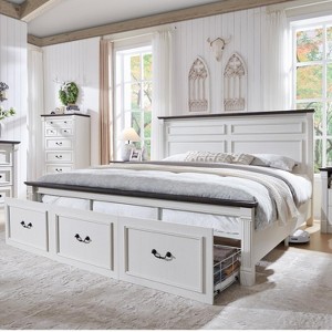 SinCiDo Farmhouse King Size Bed Frame w/51" Tall Headboard, Roman Column Footboard & 3 Spacious Storage Drawers, No Box Spring Needed - 1 of 4