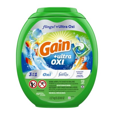 Gain Flings Ultra Oxi Laundry Detergent Pacs, 112 Count, Waterfall Delight Scent, 3-in-1, HE Compatible