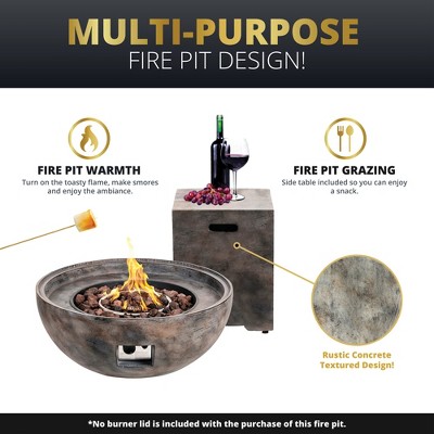 Gray Concrete Round Propane Gas Fire Pit with Side Table