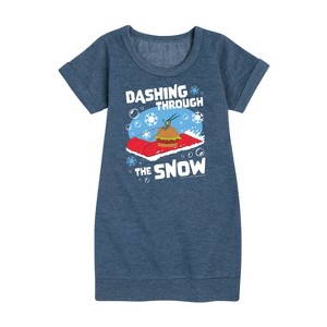 - SpongeBob SquarePants - Dashing Through The Snow Graphic Short Sleeve Fleece Dress - 1 of 4
