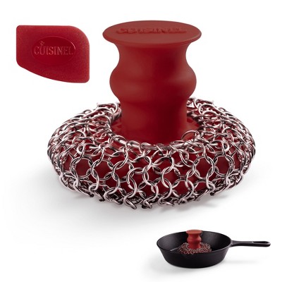 Cuisinel Cast Iron Chainmail Scrubber + Pan Scraper - Deluxe Ergonomic Stainless/Silicone Cleaner - Food-Safe - Easy to Clean Dishwasher Safe.