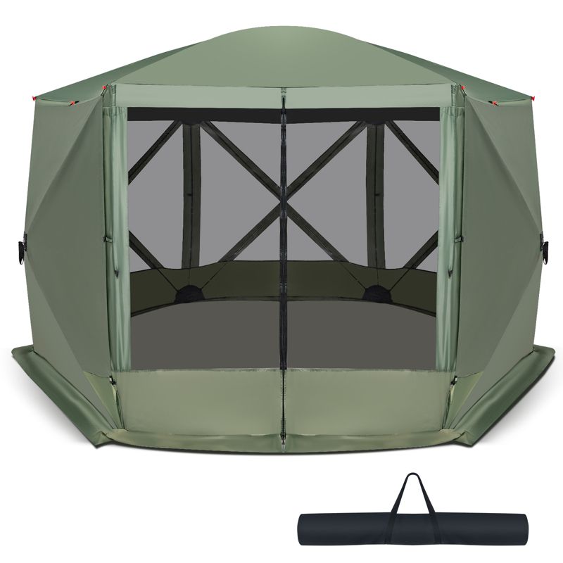 Costway 11.5 X 11.5 FT 6-Sided Pop-up Screen House Tent With 2 Wind Panels for Camping Coffee/Green, 1 of 11