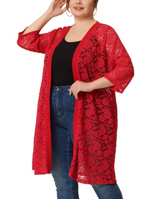 Agnes Orinda Women's Plus Size Lace Open Front 3/4 Sleeve Long Cardigans