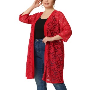 Agnes Orinda Women's Plus Size Lace Open Front 3/4 Sleeve Long Cardigans - 1 of 4