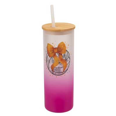 Elanze Designs 25 Ounce Frosted Glass Gradient Travel Tumbler With Straw and Wooden Lid, Volleyball With Orange Bow Pink