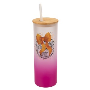 Elanze Designs 25 Ounce Frosted Glass Gradient Travel Tumbler With Straw and Wooden Lid, Volleyball With Orange Bow Pink - 1 of 1