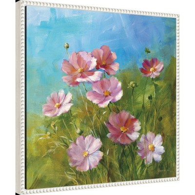 Summer Field Pink Flowers Canvas Print with White Frame