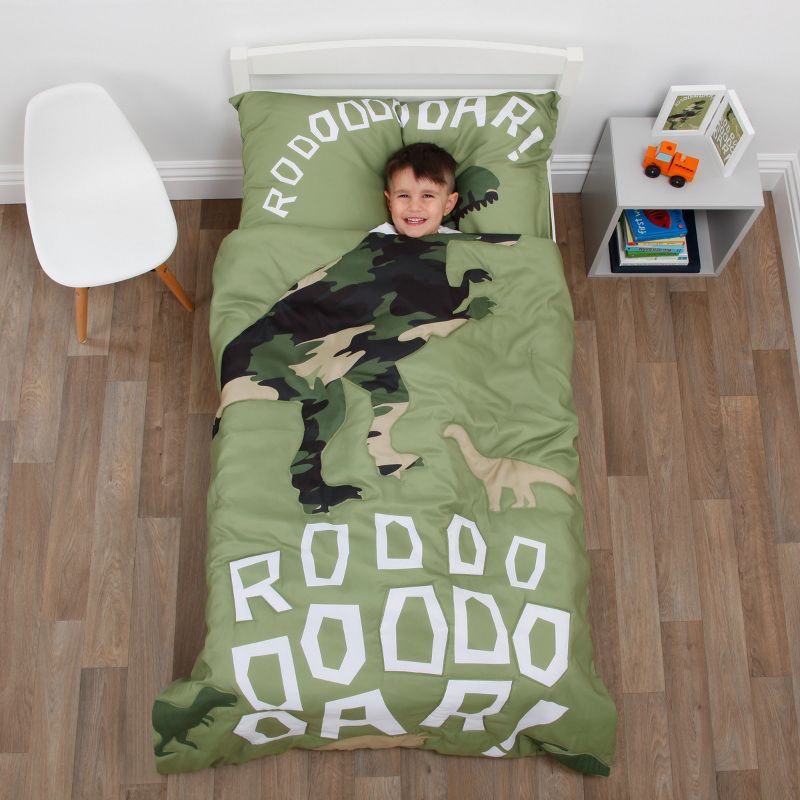 Everything Kids Dinosaur Green Camouflage 4 Piece Toddler Bed Set - Comforter, Fitted Bottom Sheet, Flat Top Sheet, Standard Size Pillowcase, 1 of 7