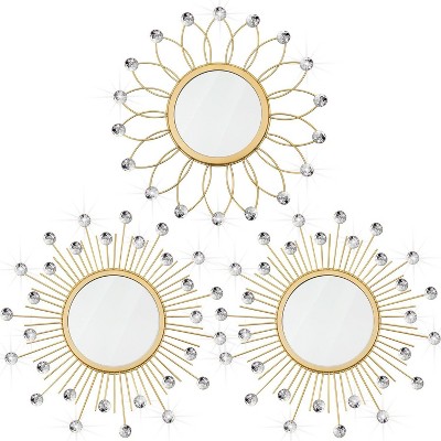 Attop 3-Pack Gold Sunburst Wall Mirrors with Crystal Accents Decorative Hanging Mirrors for Living Room Bedroom Entrywa
