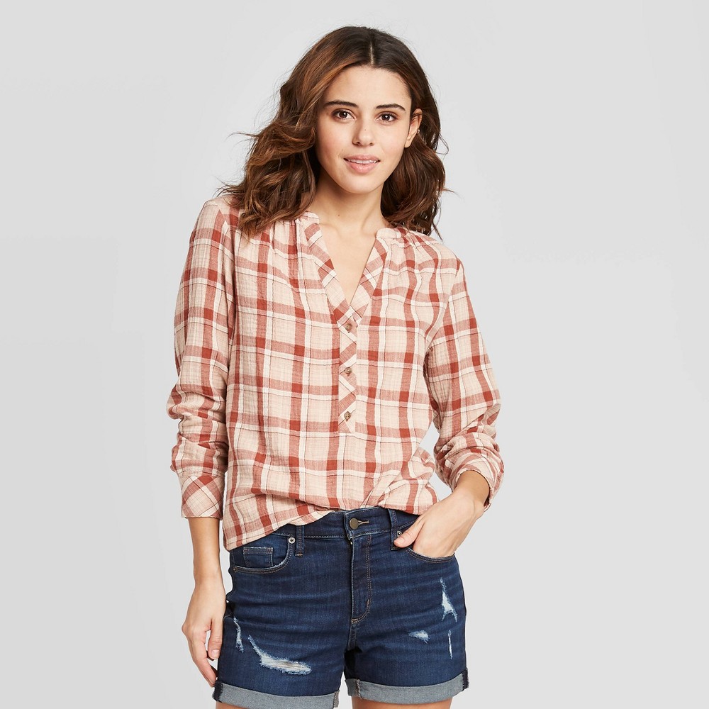 Women's Plaid Flutter Long Sleeve Round Neck Button-Front Tunic Blouse - Universal Thread Brown XXL, Women's was $22.99 now $16.09 (30.0% off)