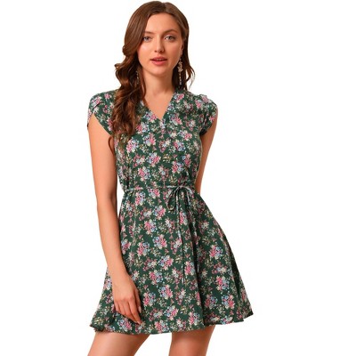 Allegra K Women's Boho Crossover V Neck Petal Sleeves Belted Floral Flowy Dress