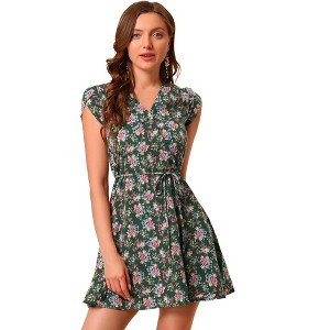 Allegra K Women's Boho Crossover V Neck Petal Sleeves Belted Floral Flowy Dress - 1 of 4