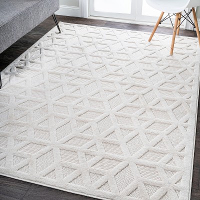 Ivory Geometric 4' x 6' Handmade Synthetic Indoor/Outdoor Rug