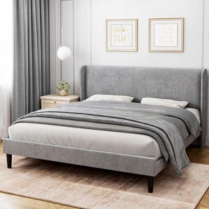 Upholstered Bed Frame With Wingback Headboard-Velvet Platform-Wood Slats-No Box Spring Needed-Easy Assembly-Beige - 1 of 4