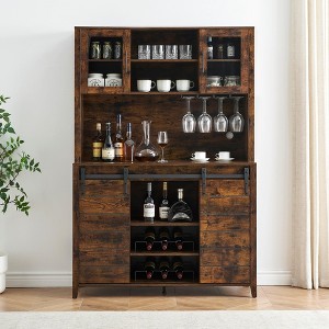 Whizmax 70" Farmhouse Coffee Bar Wine Cabinet with Sliding Barn Doors and Storage,Tall Kitchen Hutch with Wine & Glasses Rack for Kitchen, Dining Room - 1 of 4