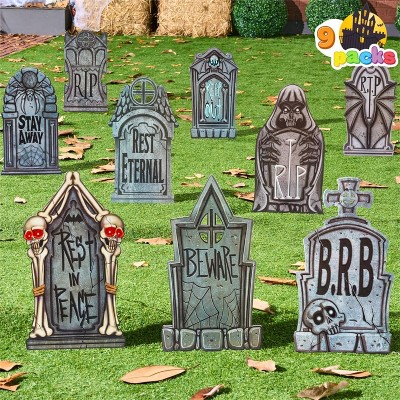 Joyfy 9 Pcs 16" Halloween Tombstones Outdoor Cemetery Decor, Yard Lawn Graveyard Plastic Headstones with 18 Metal Stakes for  Party Prop Supplies