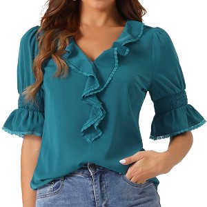 INSPIRE CHIC Women's Ruffle V Neck Puff Sleeve Summer Casual Chiffon Peasant Top - 1 of 4