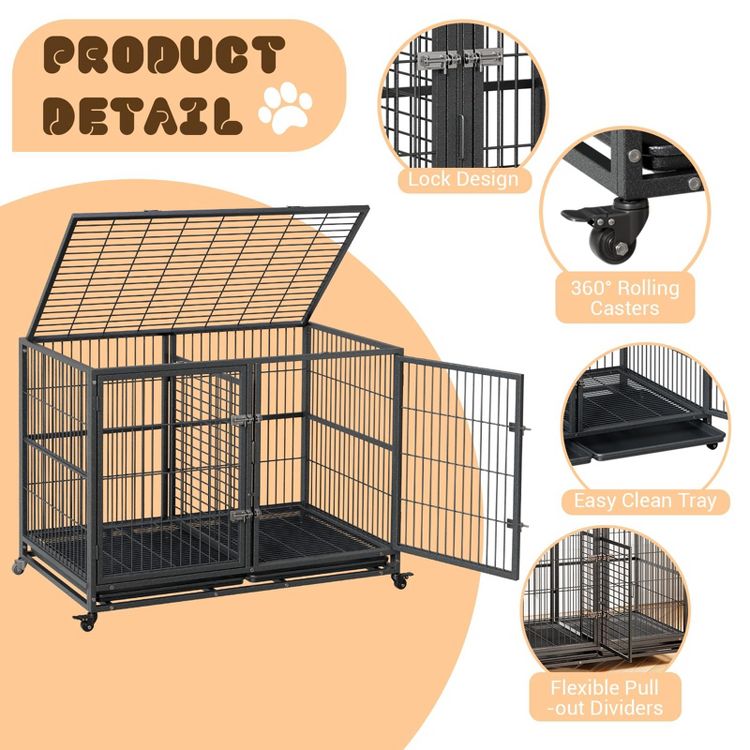 Dog Crate for Large Dogs, Chew-Resistant Dog Kennel with Double Door & Lockable Wheels, 6 of 8