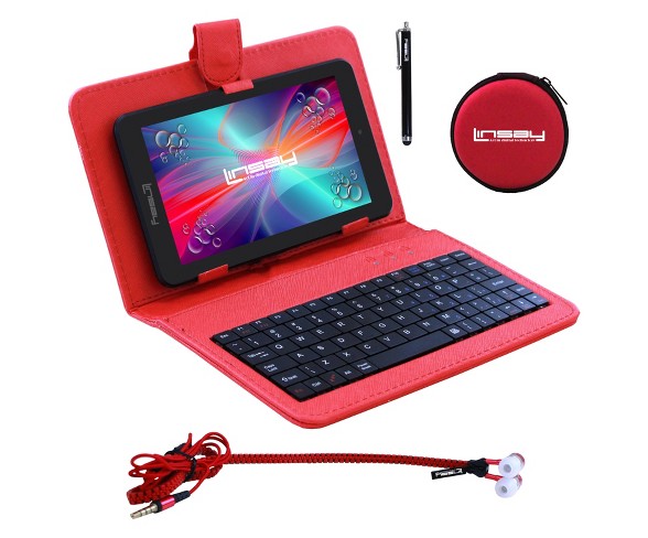 LINSAY&#174; 7" Super Bundle 1024x600 HD Quad Core Dual Camera Android Tablet with RED Keyboard Earphones and Pen