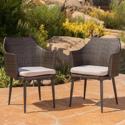 Set of 2 PE Rattan Outdoor Dining Chairs with Cushions,Weather-Resistant Wicker Armchairs for Porch or Garden-Cuddlewood