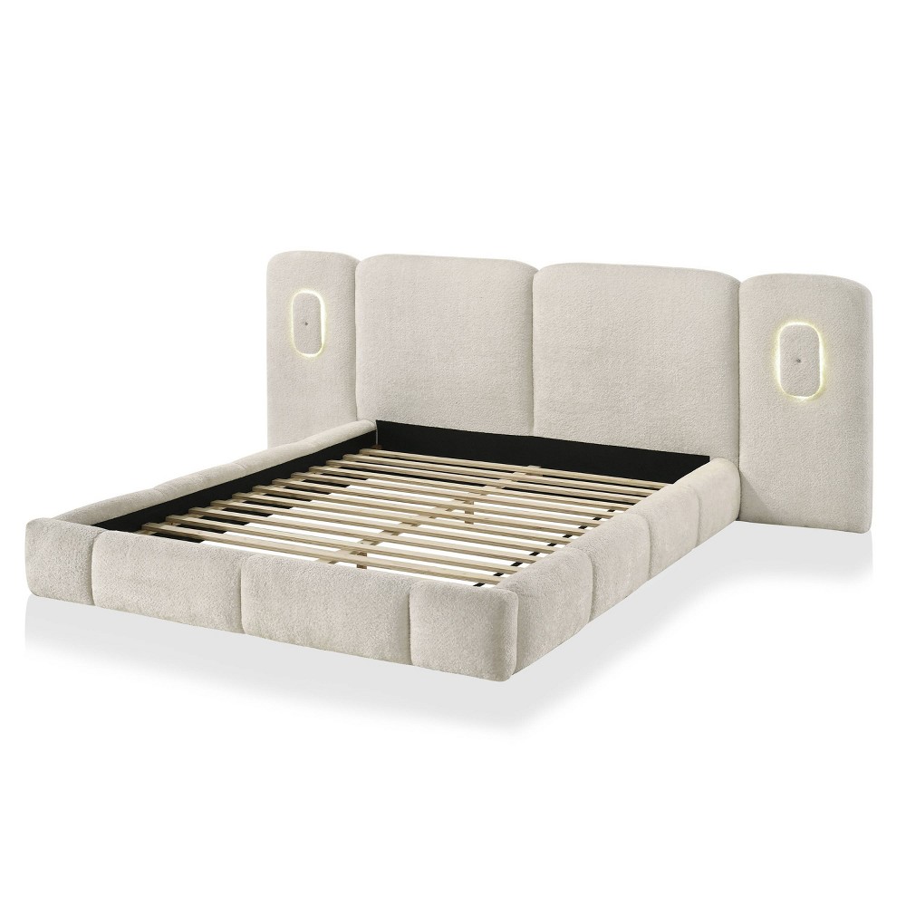 Furniture of America Gerry Modern Boucle Low Profile Platform Bed with Accent Lighting King Ivory Beige