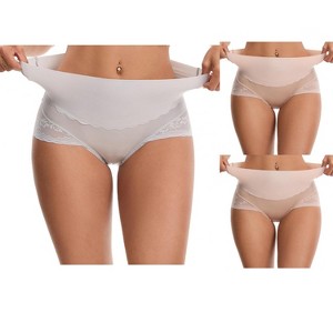 INSPIRE CHIC Women's Hi-Cut Satin High Waisted Lace Trimmed Tummy Control Underpants Briefs 3 Packs - 1 of 4