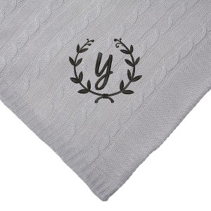 Personalization Mall Floral Wreath Initial Cable Knit Throw Blanket, Grey, 50"x60" - 1 of 1