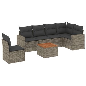vidaXL 7 Piece Patio Sofa Set with Cushions Gray Poly Rattan - 3x Middle + Table + Corner - 1 of 4