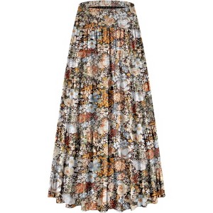 Women's Chiffon Boho Maxi Skirt - High Waist Tiered Pleated Floral A-Line Long Skirt Coffee Floral - 1 of 4