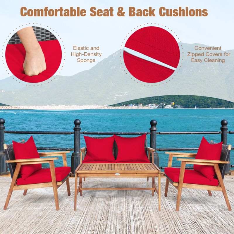 Tangkula 4PCS Patio Rattan Furniture Set Wood Frame Cushioned Sofa with Coffee Table Sectional Conversation Sofa Set for Garden, 4 of 9
