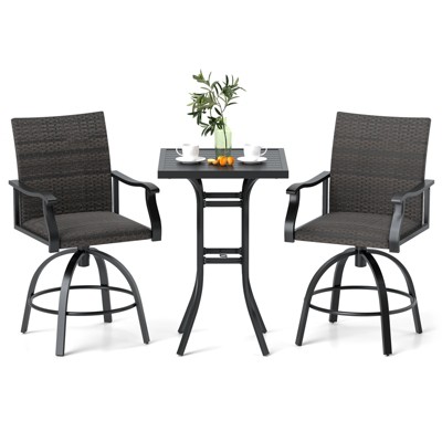 Tangkula 3 PCS PE Wicker Patio Swivel Bar Set Table & Chairs w/ Quick-Drying Foam