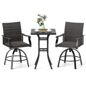 Tangkula 3 PCS PE Wicker Patio Swivel Bar Set Table & Chairs w/ Quick-Drying Foam - 1 of 4