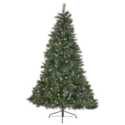 GDFStudio Quinn 9 Foot Mixed Spruce Unlit Hinged Artificial Christmas Tree with Red Berry Glitter Branches and Pinecones
