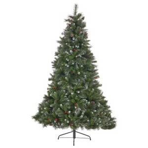 GDFStudio Quinn 9 Foot Mixed Spruce Unlit Hinged Artificial Christmas Tree with Red Berry Glitter Branches and Pinecones - 1 of 4