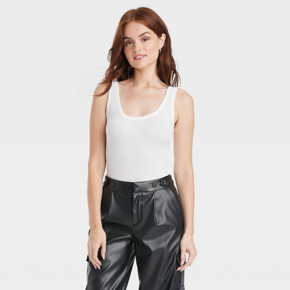 Women's Double-Scoop Bodysuit - A New Day™ White XL: Cotton Modal Spandex, Slim Fit, Adjustable Snap