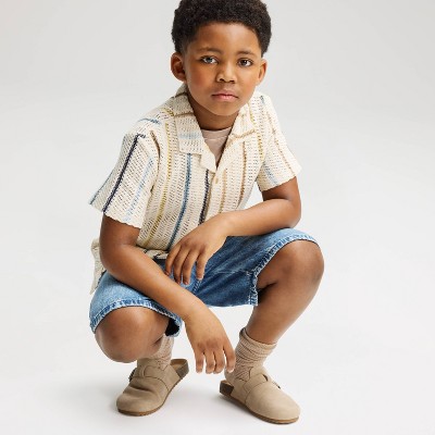 Cat & Jack Boys' Short Sleeve Crochet Striped Button-Down Shirt - Cat & Jack™ Cream M — фото 3