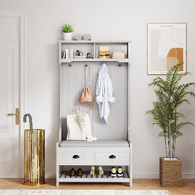 HDZNVF 3-in-1 Hallway Hall Tree with 2 Storage Drawer and 4 Coat Rack, Grey