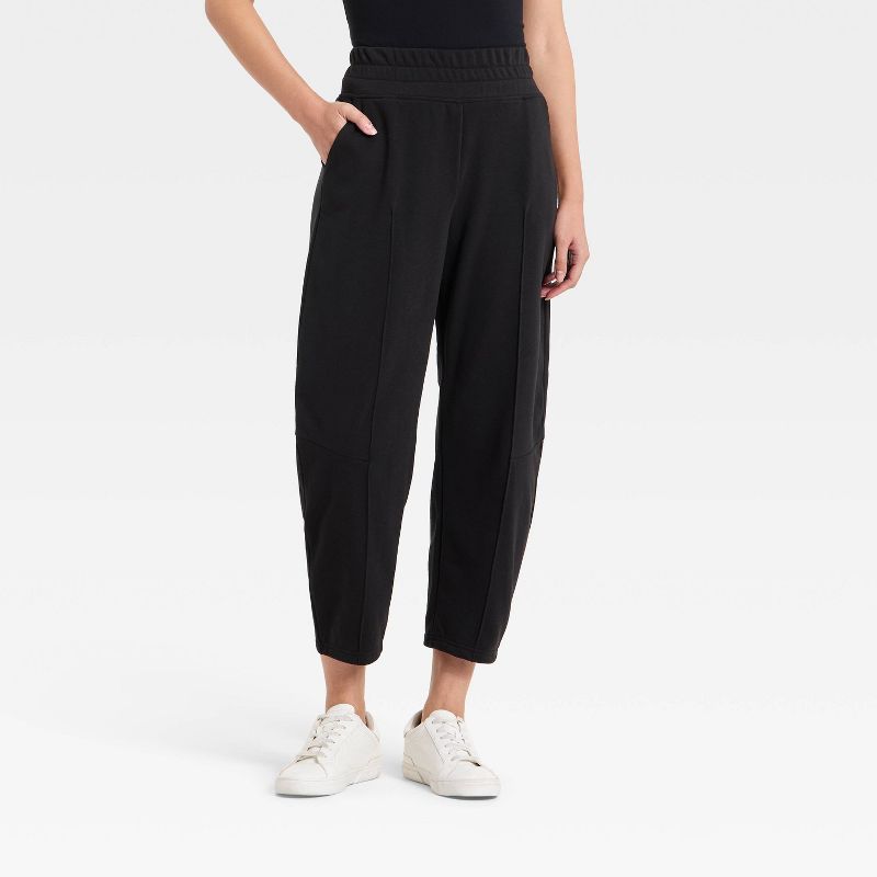 Women's Barrel Leg Crop Sweatpants with Moto Seasms Elastic and Scoop Pockets - A New Day™ Black M