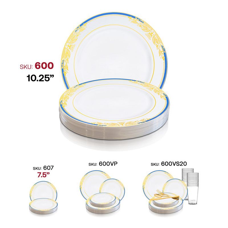 Smarty Had A Party 10.25" White with Blue and Gold Harmony Rim Plastic Dinner Plates (120 Plates), 5 of 7