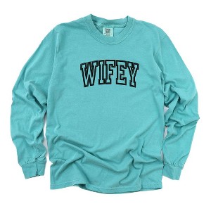 Simply Sage Market Women's Embroidered Wifey Arched Varsity Long Sleeve Garment Dyed Tee - 1 of 3