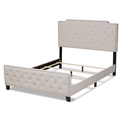 Elegant Beige Linen King Bed with Tufted Headboard and Nailhead Trim