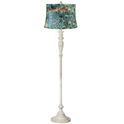 360 Lighting Shabby Chic Floor Lamp Antique White Peacock Print Drum Shade for Living Room Reading Bedroom Office