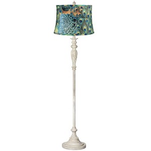 360 Lighting Shabby Chic Floor Lamp 60" Tall Antique White Washed Peacock Print Drum Shade for Living Room Reading Bedroom Office - 1 of 4