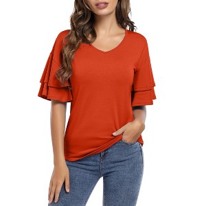 Womens V Neck Tunic Blouse Tiered Short Sleeves Loose Fit Summer Top Shirts - 1 of 3