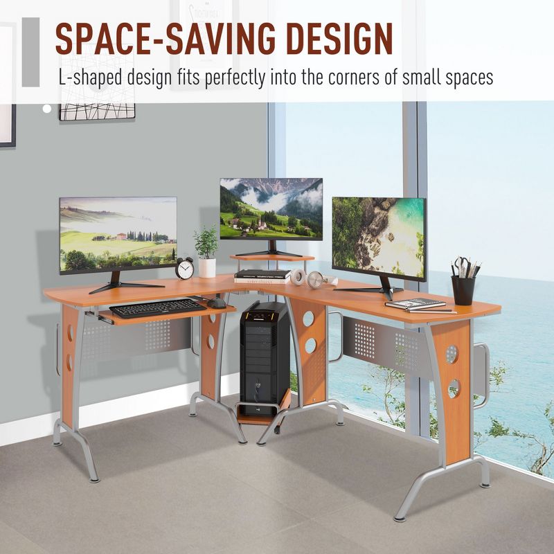 HomCom L-Shaped Corner Computer Office Desk Workstation with Elevated Shelf, Rolling Keyboard Tray, and CPU Stand, 3 of 9